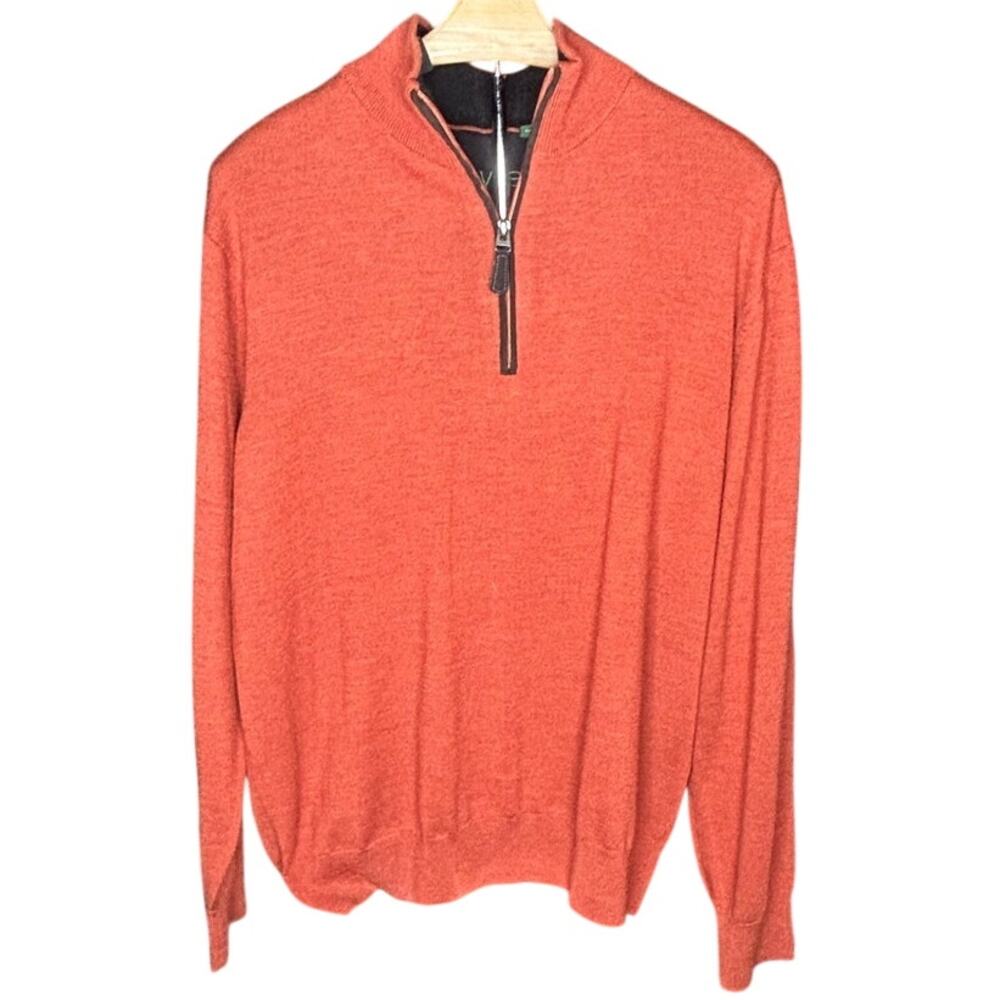 Orvis 100% Merino Wool Quarter zip pullover brown leather suede pull Mens M